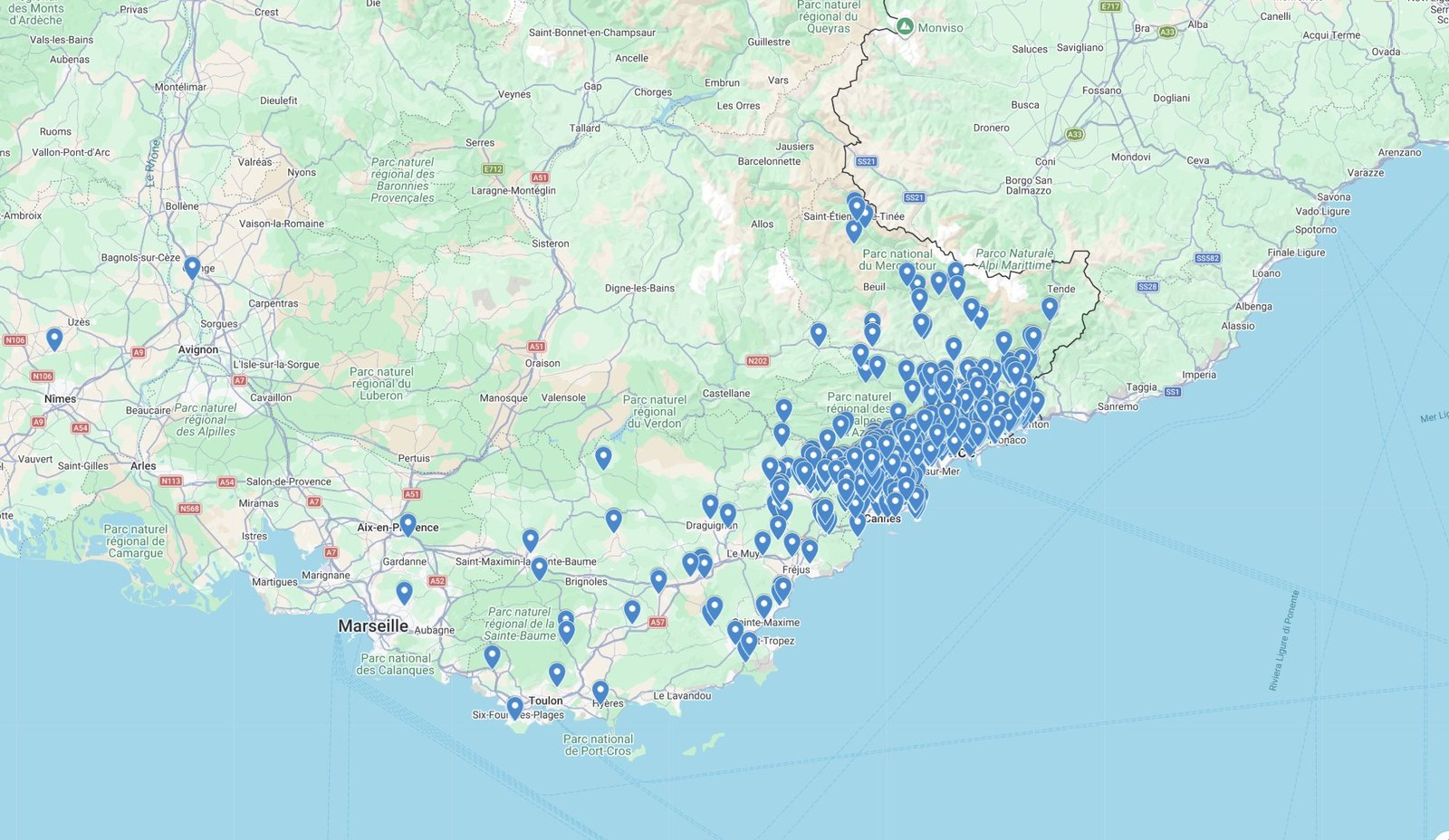 Carte des réalisations PACA Environnement — plus de 200 chantiers en région PACA et Monaco